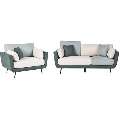Conjunto de sala de estar sofá tapizado de 4 plazas con reposabrazos y sillón patas macizas cojines adicionales verde Bolga