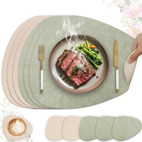 Set de Table Ovale Lavable et Dessous de Verre, Dessous de Table Double Face, Lot de 6 Cuir PVC Antidérapant Lavable Plastique, 41x33cm (Vert Clair + Beige) (1/5)
