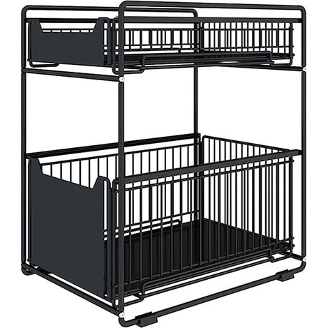 Rangement Sous évier à 2 Niveaux, Organisateur de Cuisine avec Tiroirs Coulissants, Panier Coulissan pour Cuisine, Garde-Manger, Chambre, Porte-épices (Noir,1PC), (HJ363598)