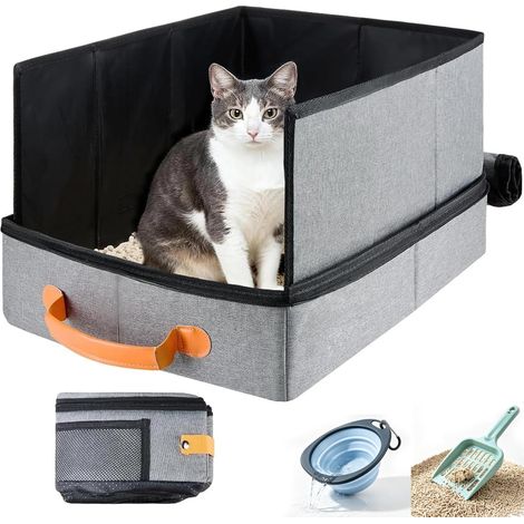 Bac à litière portable pour chat avec fermeture éclair, anti-fuite et étanche, bord haut pour les voyages, 45 x 34,3 x 34,9 cm (1/5)