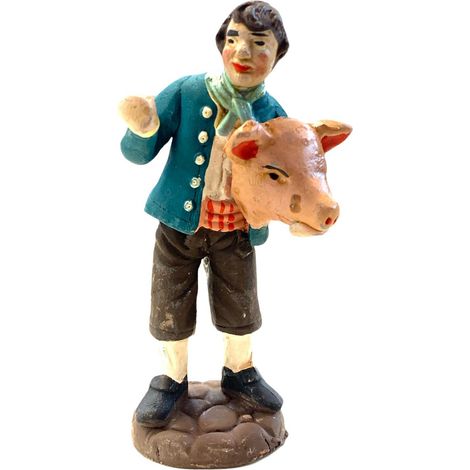 Pastore con testa di maiale statuetta in terracotta artigianale per presepe napoletano da h 10 cm