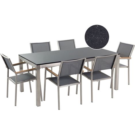 Table de Jardin et 6 Chaises 180 x 90 cm Granit et Textile Noir et Gris Grosseto (1/5)