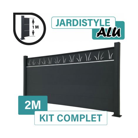 Kit Clôture Aluminium Gris Anthracite 2M - Design Tahiti avec liseré - Sur Platines - 1 mètre (1/2)