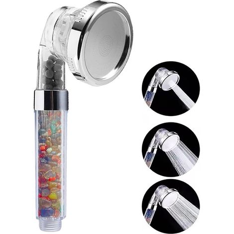 Pommeau de douche filtrant avec pierres minérales, douchette à main haute pression à 3 jets, économique en eau, pour peaux sèches (1/2)