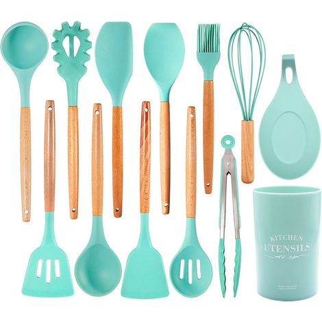 Ustensiles De Cuisine - Ensemble 13 Pièces En Silicone Et Bois De Hêtre - Résistant À La Chaleur Jusqu'à 250 °C - Pour Cuisinières Antiadhésives - Lot Complet (1/5)