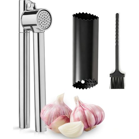 Presse Ail Inoxydable, Ustensiles de Cuisine Inox, Ecrase Ail pour Cuisine avec Eplucheur et Brosse de Nettoyage, Hachoir Manuel et Gadget de Cuisine Pratique (1/5)