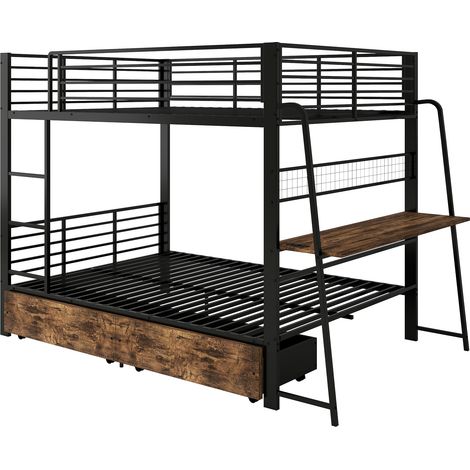 Cama alta 140x200 cm con escritorio, 2 cajones, barandilla, escalera y estructura de metal, negra (1/5)