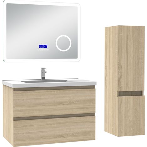 Ocean ensemble meuble 80 cm Chêne Wotan avec 2 tiroirs à fermeture automatique, lavabo céramique + miroir salle de bain Bluetooth tricolore + colonne, suspendu