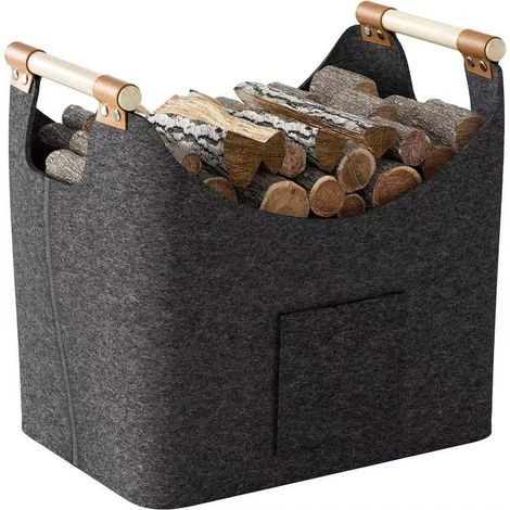 Panier bois cheminée XL panier buche en feutre très épais et poignée renforcée Pliable Sac en feutre pour les courses, le bois, le journal(Noir) (1/5)