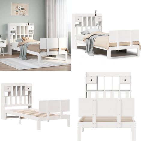 Cama con estantería sin colchón madera maciza blanco 90x200 cm - Cama sin colchón - Cama de madera