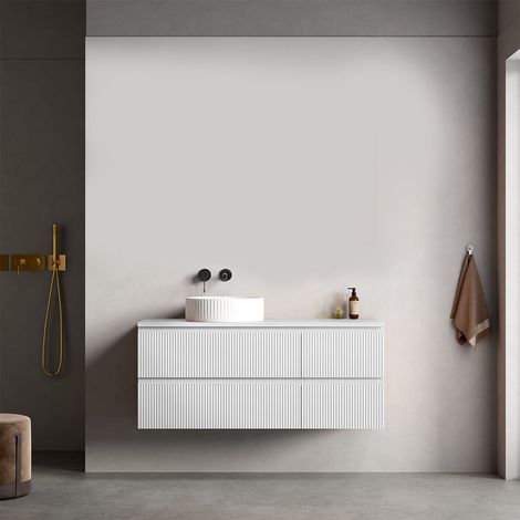 Mobile bagno sospeso cannettato reversibile 120 cm Bianco Opaco per Lavabo d'appoggio Senza Specchio - Fiji Paint Top Canneté (1/4)