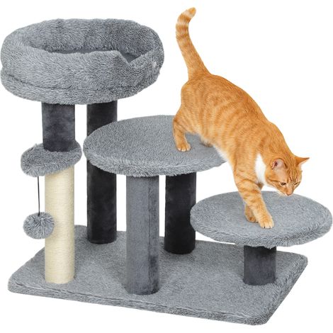 Arbre à griffer et escalier pour chat avec base large, revêtement en peluche et poteaux en sisal, gris