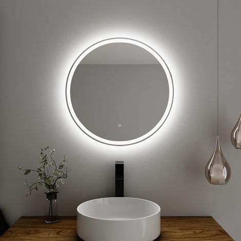 Miroir de Salle de Bain Rond Diametre 60cm LED 22W Retroeclaire avec Sablage Tactile avec Antibuee Lumiere 3 Couleurs 3500K/4000K/6000K Miroir avec Eclairage (1/5)