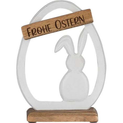 GASPER Aluminium Hase im Ei "Frohe Ostern", auf Holzfuß weiß groß