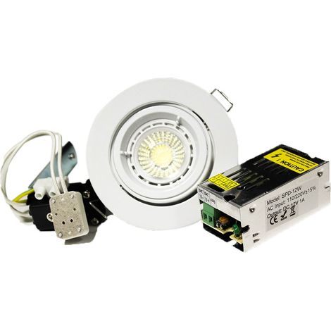 Kit que incluye un MR16 12v 5W MR16 con soporte y base y transformador  LED de color: Blanco frío (6000-6500K) - Color del soporte: Blanco
