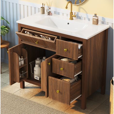 MODFU – Mobile sotto lavabo 91 cm in MDF/legno massello/ceramica con lavabo, cassetti, ante soft-close e carico 80 kg – Noce (1/5)