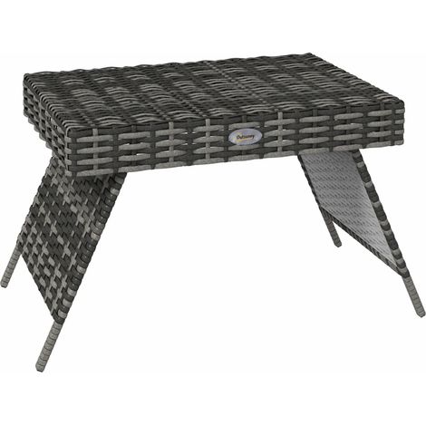 Foldable Outdoor Side Table, Rattan Garden Coffee Table with Steel Frame, Space Saving Bistro Garden Furniture for Patio, Balcony, 60 x 41 x 41 cm, Mixed Grey