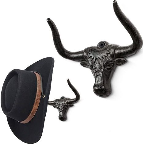 Porte-chapeaux en fonte : Lot de 2 crochets muraux rustiques style cowboy à longues cornes - Décoration western durable pour chambre, salon, dressing, noir (1/5)