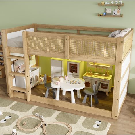 Lit mezzanine enfant moderne 90x200 cm bois naturel/blanc, avec escalier 3 marches, étagères, LED et barrières (1/5)