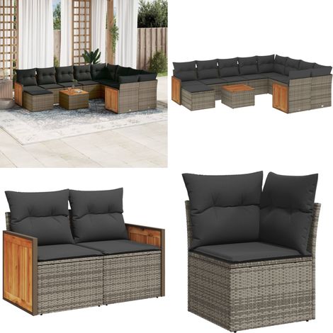 11-tlg. Garten-Sofagarnitur mit Kissen Grau Poly Rattan - Gartenmöbel Set - Rattan Möbel - Outdoor Möbel - Lounge Set - Esstisch - Home & Living (1/5)