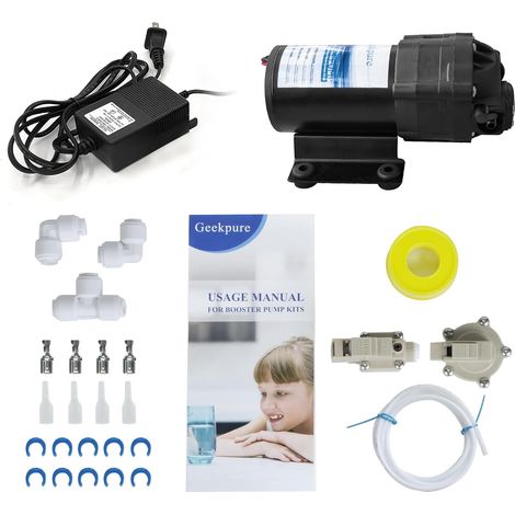 kit de pompe de surpression à osmose inverse avec transformateur + pressostats haute et basse pression + raccords pour système RO (1/5)