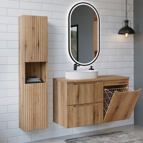Conjunto de mueble de lavabo simple de 100 cm con cesto para la ropa y columna «Riva Bois» (1/5)