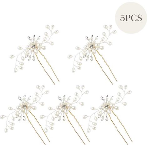 Lot de 5 épingles à cheveux de mariée, ornées de perles et cristaux, accessoires élégants pour coiffure et mariage (1/5)