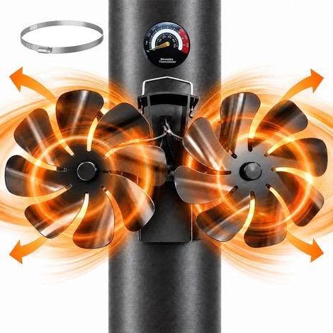 Relaxdays Stove Fan, Without Electricity, Magnetic, Dual, HxWxD: 14.5x26x13 cm, with Thermometer, Aluminium, Black (1/5)