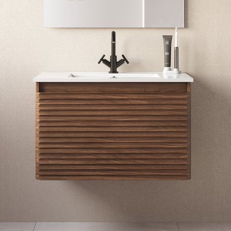 Meuble de salle de bain 80cm simple vasque - 2 tiroirs - sans miroir - noyer (bois foncé) - SUZA