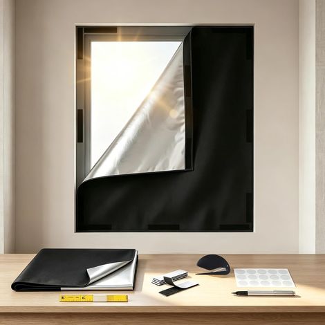 Verdunkelungsvorhang ohne Bohren, Verdunkelungsrollo ohne Bohren 100 x 150 cm selbstklebendes Verdunkelungsrollo, 100 % Verdunkelung, für Dachfenster, Schlafzimmer, Büro, Reisen, Wohnwagen, Schwarz (1/5)