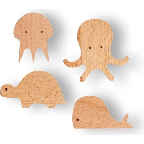 Wooden Wall Hook for Children's Room 4 Natural Aquatic Animal Hooks (1/4)