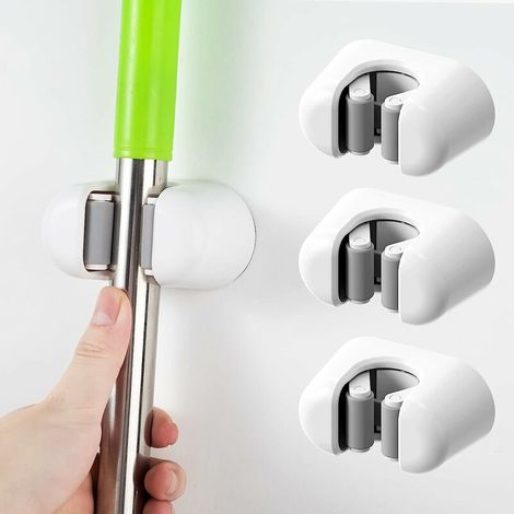 Porte Escoba de Pared 3 Piezas - Soporte para Fregona/Soporte Mural para Escoba, Organizador de Suministros de Limpieza Autoadhesivo Resistente para (1/5)