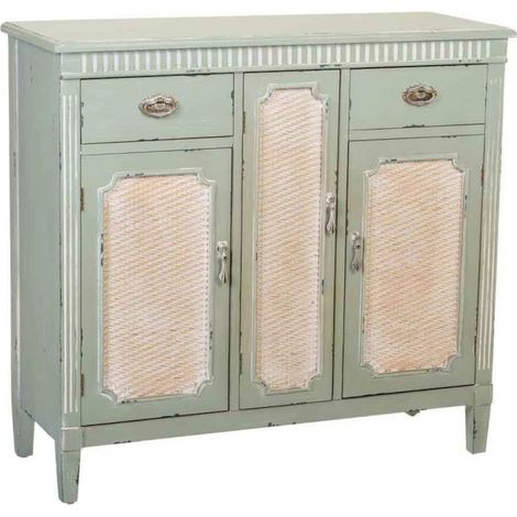 Console en bois vert antique avec portes en cannage et tiroirs - vert antique cannage naturel bois clair (1/5)