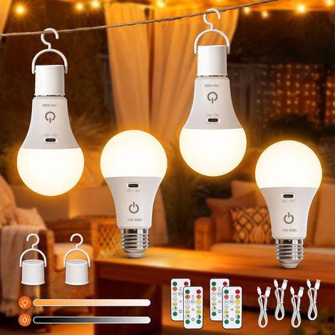 Lot de 4 E27 Ampoules Rechargeables Avec Télécommande, Touch Control Ampoule Sans Fil E27, 3 Températures de Couleur, 7W Dimmable, Touch Control, Ampoule LED Rechargeable USB Avec Minuterie (1/5)