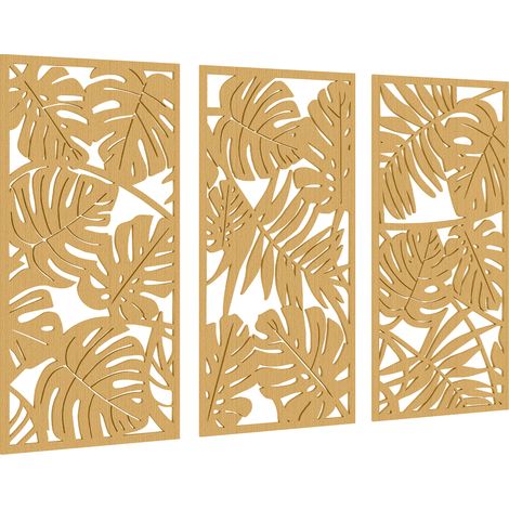 3er-Set 3D-Wanddekorationen aus Holz, 40 x 80 cm, tropische Blätter, natürliche Holzoptik