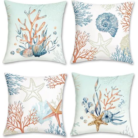 JSSEVN - Coastal Cushion Cover 45 x 45 cm Coral Starfish Shell Beach Ocean Blue Decorative Pillowcase for Sofa Bedroom 4 Pieces (1/5)