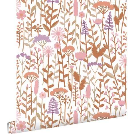 papier peint fleurs des champs terracotta, violet et rose  - ESTAhome (1/5)
