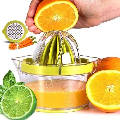 Presse-agrumes manuel multifonction 4 en 1 : presse-agrumes, presse-citron-lime avec verre doseur et râpe intégrés, alésoir antidérapant et séparateur d'œufs (1/4)