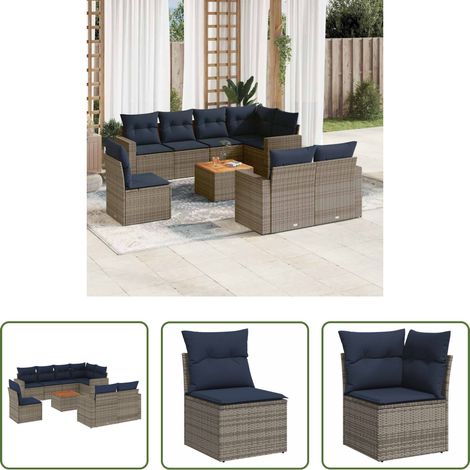 vidaXL Rattanmöbel - 9-tlg. Garten-Sofagarnitur mit Kissen Grau Poly Rattan (1/5)