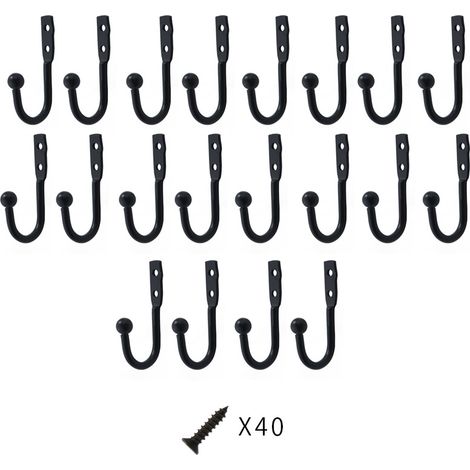 20 petits crochets noirs pour vêtements, 1x2 pouces, robustes, pour suspendre vêtements, chapeaux, sacs, foulards, clés, avec vis. (1/5)