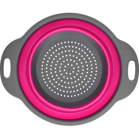 Égouttoir en silicone rond pliable avec poignée pour fruits et légumes, petit modèle, rose rouge. (1/5)