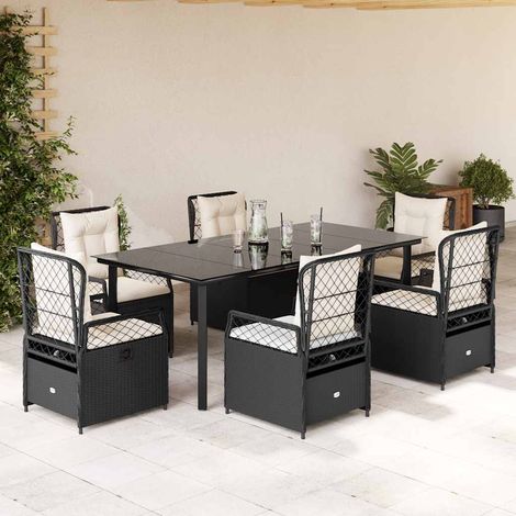 Salon de jardin 7 pièces avec 6 fauteuils inclinables, résine tressée noire et coussins, 99.5kg - PANGIVO (1/5)