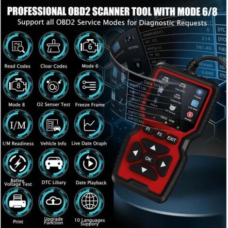 Outil de diagnostic OBD2, scanner OBD2, lecteur de codes défauts moteur avec fonction de réinitialisation, Modus 6, Modus 8 et fonction de préparation I/M, outil de diagnostic automobile (1/3)
