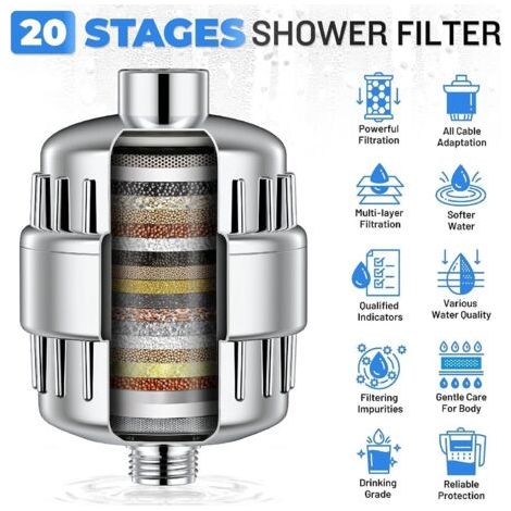 20 éTapes Filtre De Douche,Filtre De Douche Adoucisseur D'Eau,Filtre De Pomme De Douche Anticalcaire, Adapté à L'Eau Dure, éLimine Le Chlore Et Les MéTaux Lourds (1/3)
