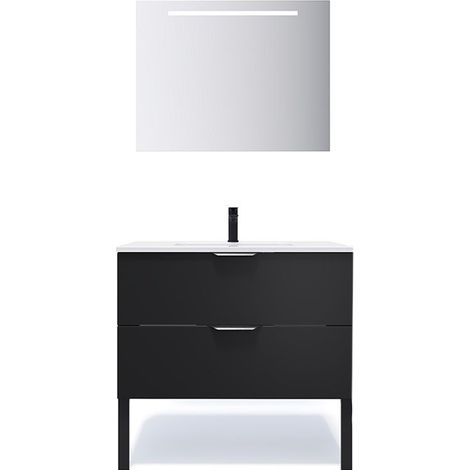 Meuble de salle de bain suspendu vasque intégrée 90cm 2 tiroirs Noir + miroir - Soho (1/5)