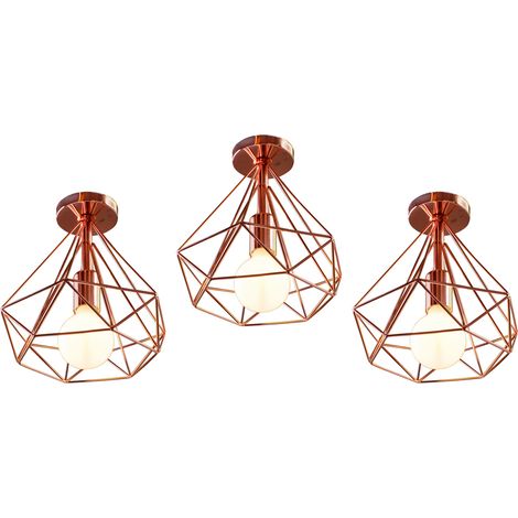 Ø25cm Ceiling Light Fixture Vintage Industrial Ceiling Lamp Metal Chandelier with Diamond Cage Lampshade for Living Room Hallway Rosegold 3PCS