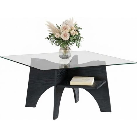 ELVMI Tavolino da Salotto Quadrato con Piano in Vetro Temperato e Ripiano, per Soggiorno, in MDF e Vetro, Nero, 80×80×40 cm (1/5)