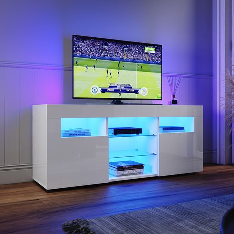 ELEGANT TV Stand Cabinet White Gloss 120cm, TV Unit with LED Lights, Modern Storage Cabinet with 2 Glass Shelves and 2 Doors, Handleless Design, TV Cabinets for Living Room Bedroom