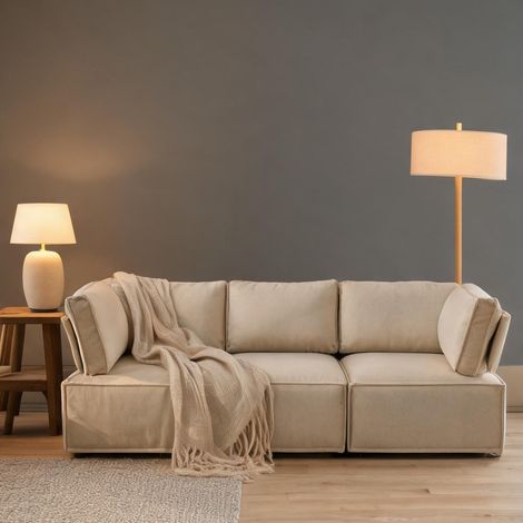 Canapé modulaire en bois et tissu lin beige 238 x 154 x 75 cm (1/5)