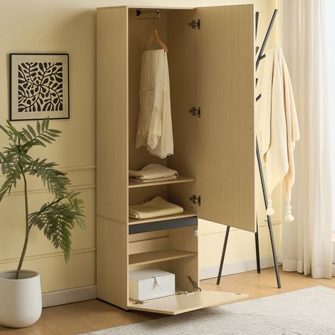 meuble de rangement d’entrée 54 x 34,5 x 179,5 cm bois – miroir et tringle, sans matelas (1/5)